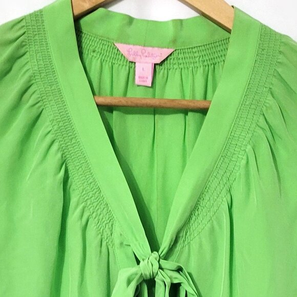Lilly Pulitzer Womens Silk Sleeveless Dahlia Blouse Size L Green Tie Neck Preppy - Picture 3 of 11